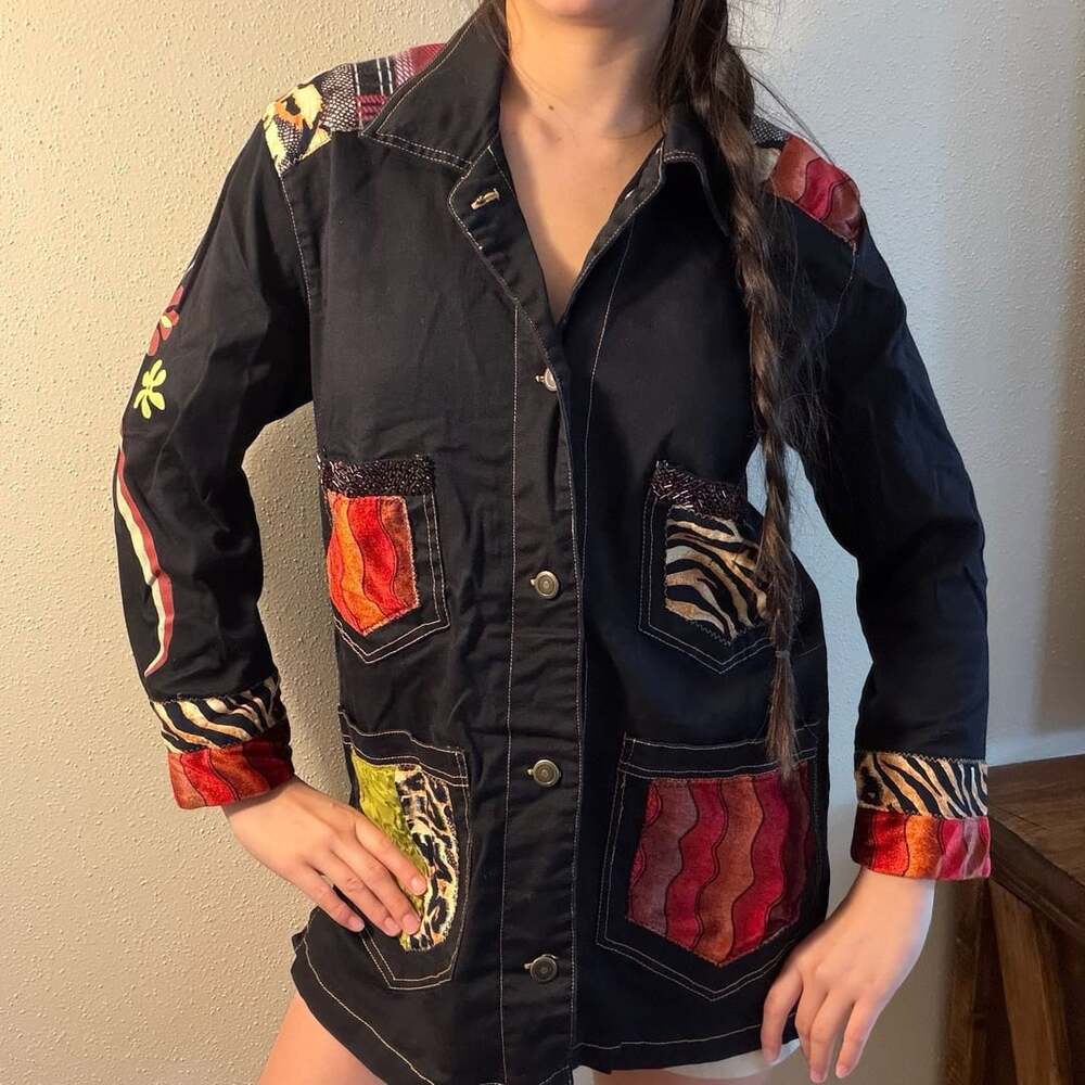 Surya Black Patchwork Jacket Mixed Print Animal Plaid Size M